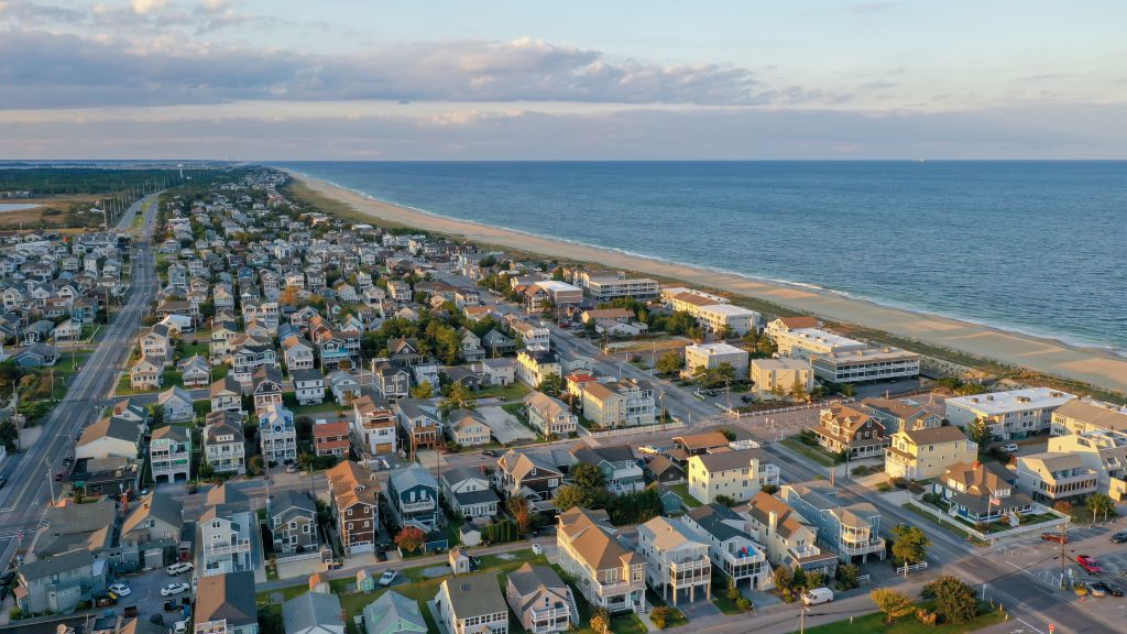 aerial view of bethany beach delaware with beach and houses
