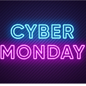 Neon blue and neon pink cyber Monday sign